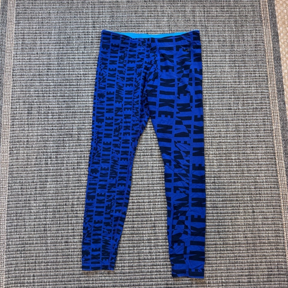 Nike Blue and Black Logo-Print Leggings